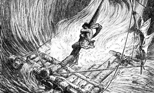 Odysseus clings to a raft in a storm